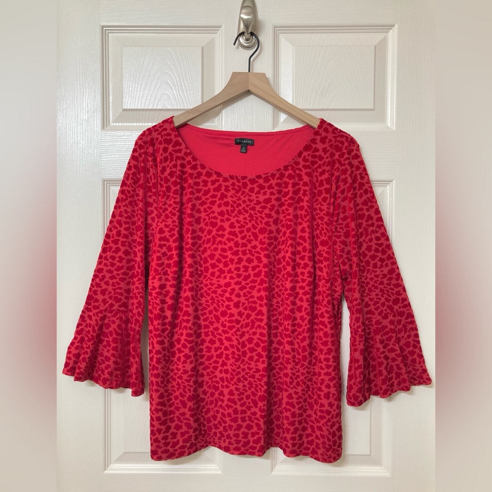 Talbots Red Velvet Burnout 3/4 Flare Sleeve Blouse Shirt XL Holiday Christmas